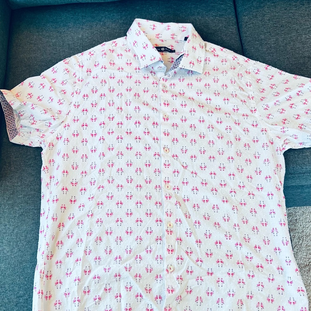 Mens Stone Rose Short Sleeve Button Down Shirt - Flamingo Print